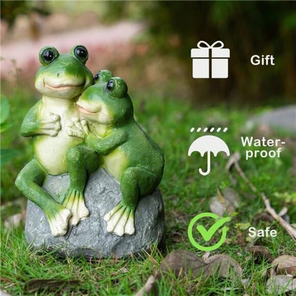 St. Patricks Day Frog Statue Garden Decor, Resin 2 Frogs on Stone Figurine - Picture 6 of 7